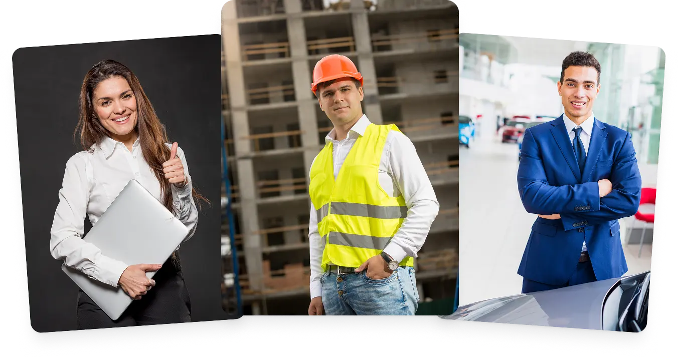 Mujer con laptop, hombre con casco, hombre con traje